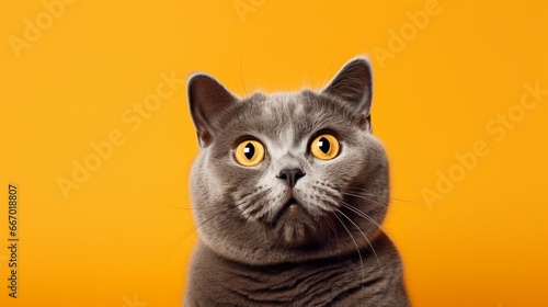 A British Shorthair cat stares directly into the lens, its eyes bulging with mock surprise. This feline's comical face creates an absurd juxtaposition against the saturated orange background