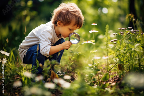 Curious child with a magnifying glass inspecting nature - Learning and education