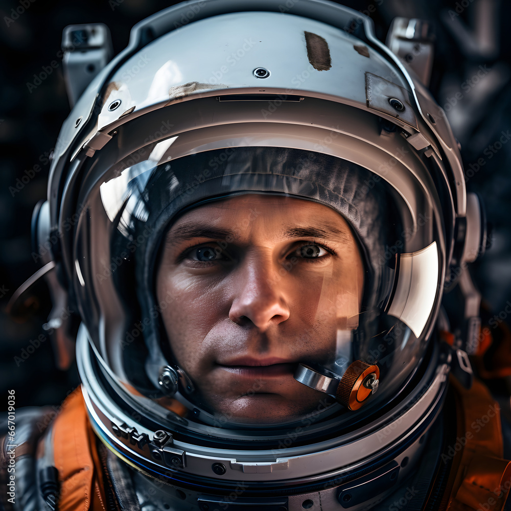 Close-Up portrait of male astronaut in space suit Close-Up portrait of male astronaut in space suit