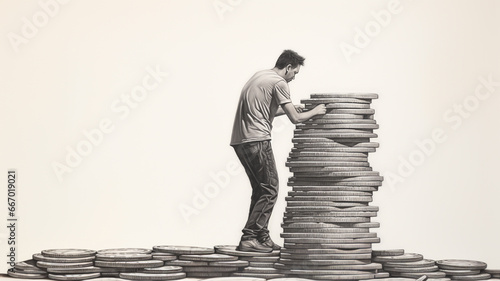 Pencil sketch of a man collecting coins.