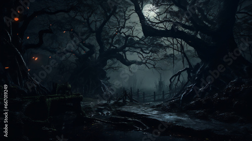 Spooky tree in a dense forest at night