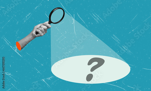 Φωτογραφία Contemporary art collage, showing a hand with a magnifying glass and looking at a question mark