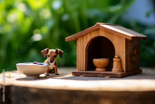 Tiny canine by wooden doghouse beside food bowl. Generative AI