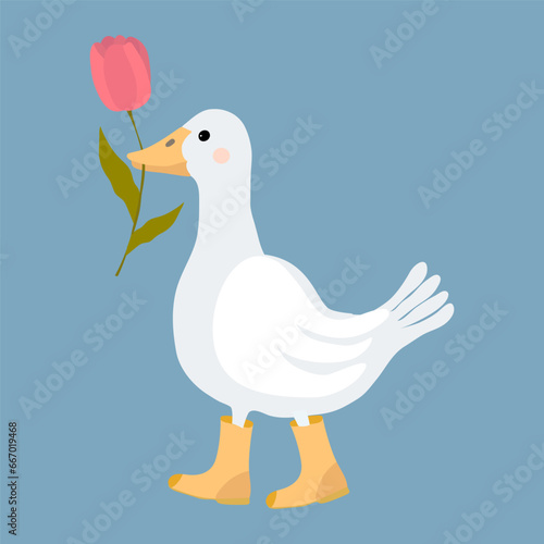 Goose with bright yellow boots and tulip. Cute cartoon clipart on a blue background. Print for textile, poster for nursery room, temporary tattoo.