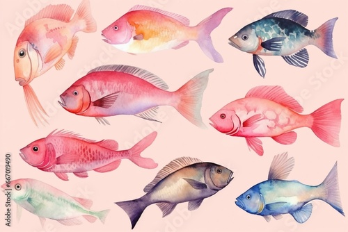 Illustration of diverse sea fish in watercolor on pink background. Generative AI