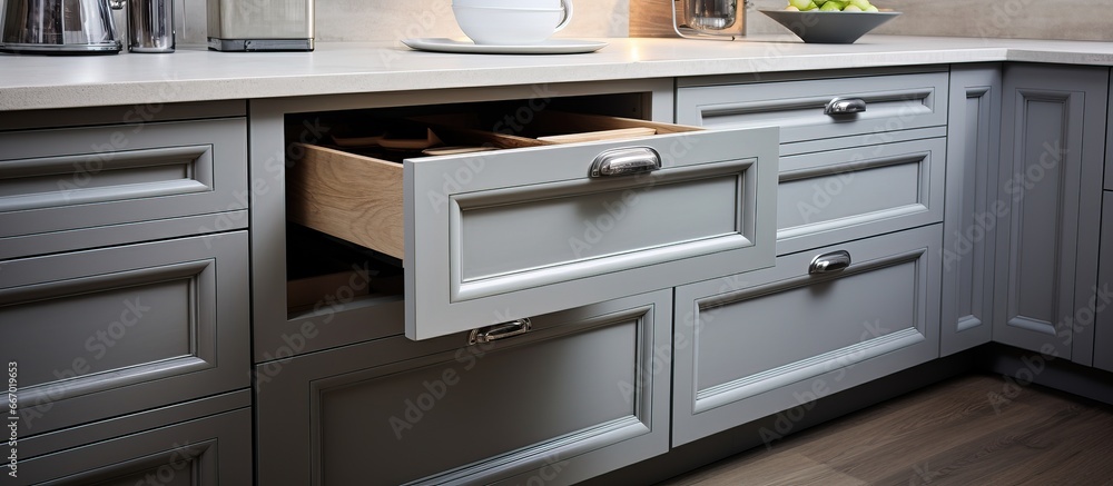 Fototapeta premium Kitchen interior with open drawers countertop