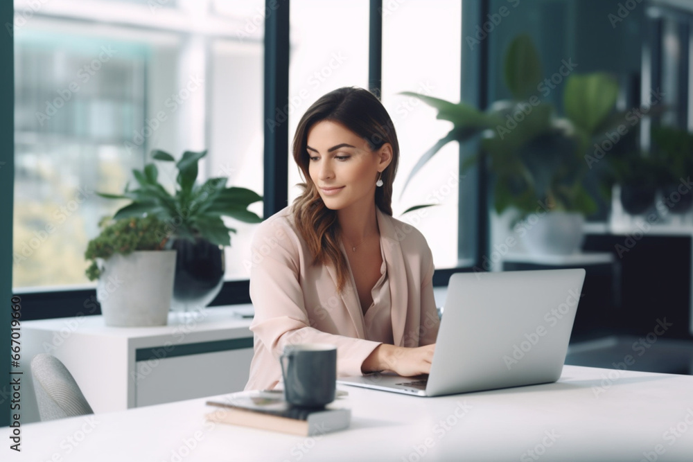 Shot of a young businesswoman using a laptop at her desk in a modern office Shot of a young businesswoman using a laptop at her desk in a modern office
