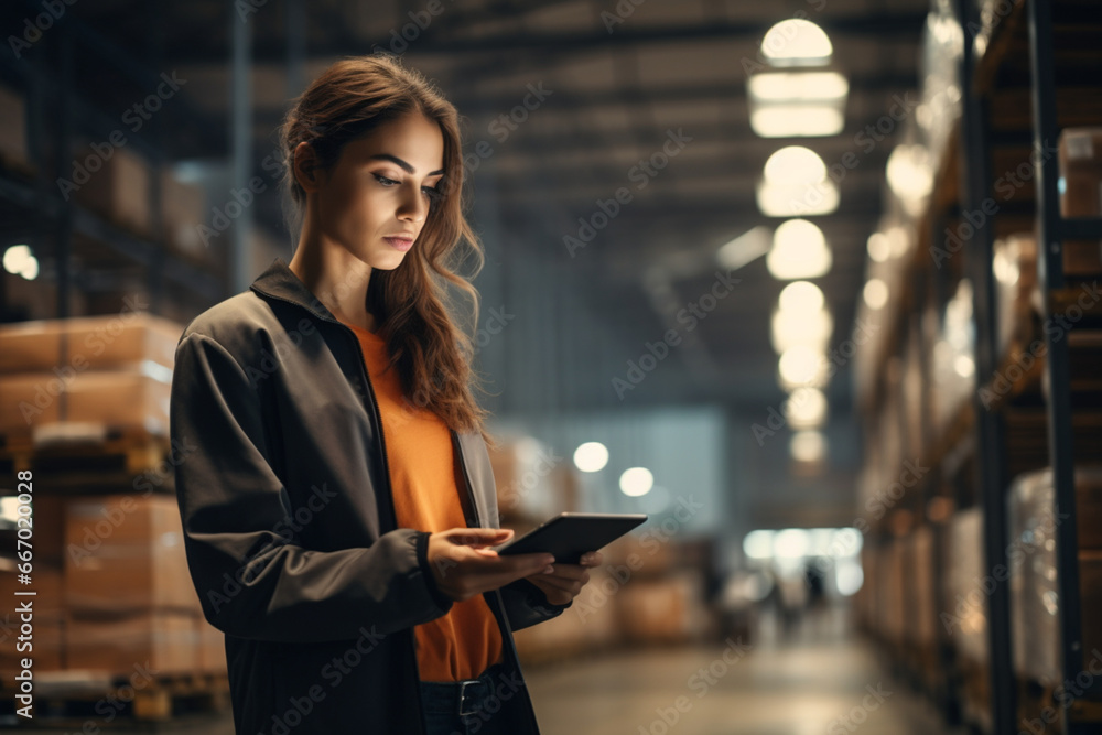 Shot of a woman using a digital tablet in a large warehouse