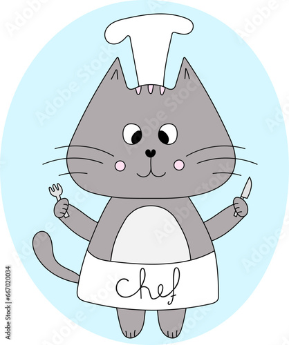Cute happy cat chef character with a knife and fork in cartoon style. Vector illustration for design pet food, logo cafe or restaraunt advertising 