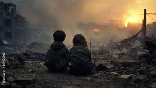 Children are sitting and looking at the ruins of the country from the war.