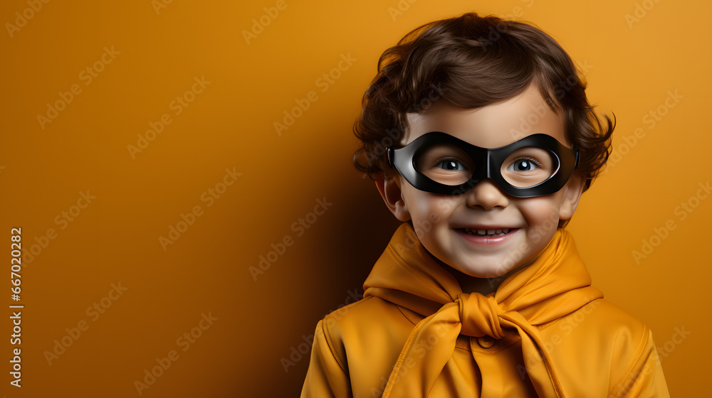 Cute Young Boy Dressed as a Superhero for Halloween on an yellow Banner with Space for Copy Cute Young Boy Dressed as a Superhero for Halloween on an yellow Banner with Space for Copy