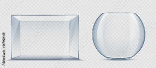 Mockup glass empty aquariums. Template isolated on transparent background. Vector stock illustration