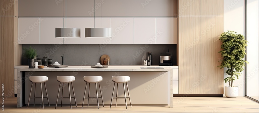 design illustration of contemporary kitchen with island - obrazy, fototapety, plakaty 