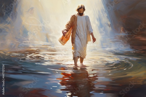 Peter walking on water towards Jesus - biblical story photo