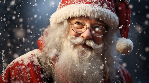 Authentic old Santa Claus at christmas with long white gray beard and red hat, snowflakes flying in xmas winter   Generative AI © DigitalDreamscape