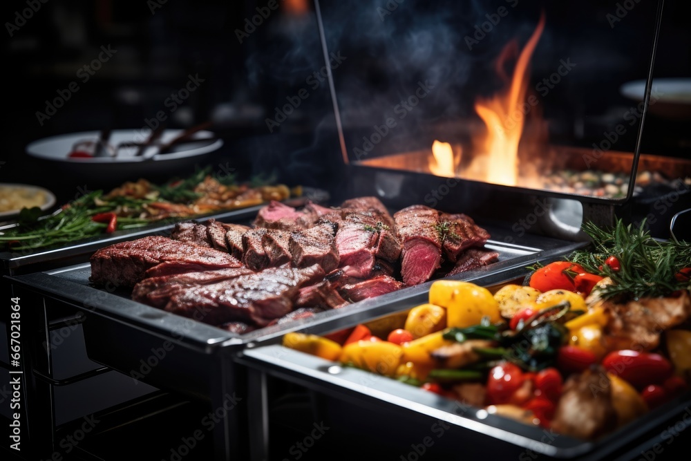 Catering buffet food indoor in restaurant with grilled meat.