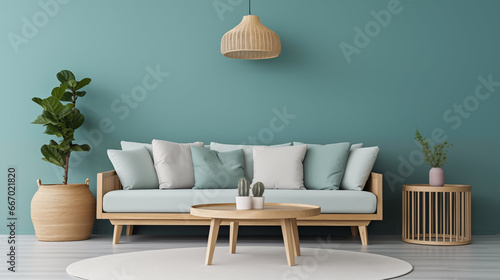 sofa near teal wall