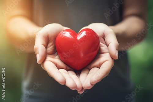 Close up of red heart holding in hands. Concept of health and medical care.