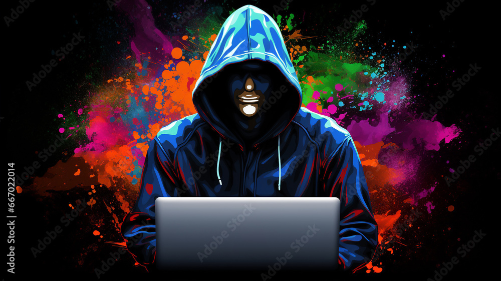 hacker front of his computer committing digital cybercrime