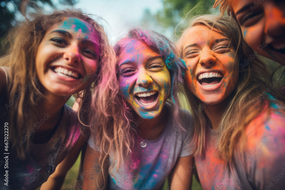 Shot of a group of teenagers having fun with colourful powder at summer camp Shot of a group of teenagers having fun with colourful powder at summer camp
