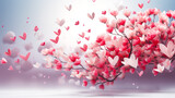 Valentine's day pink background with heart tree and flying paper hearts and butterflies. Generative AI technology.