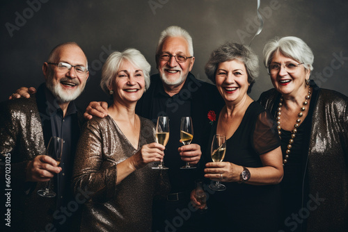 New Year party with elderly and senior happy people celebrating together. Generative AI