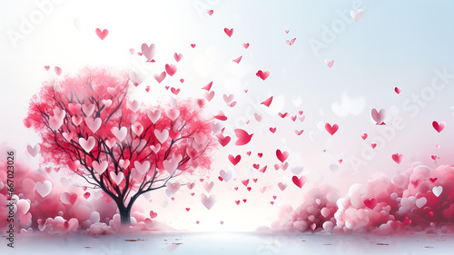 Valentine's day pink background with heart tree and flying paper hearts and butterflies. Generative AI technology.