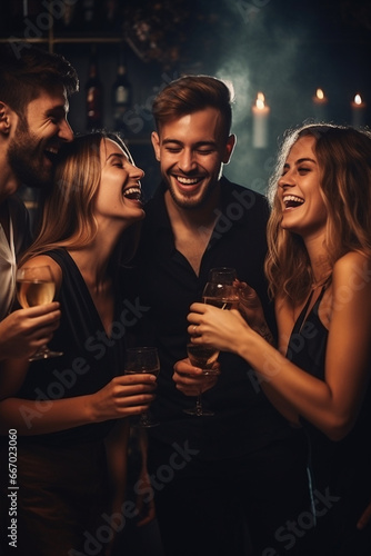 Young adults celebrating New Year Eve at party together. Candid and happy party. Generative AI