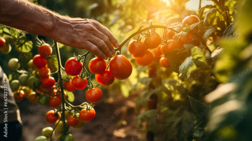 hand of a man's picking tomatoes in the morning hand of a man's picking tomatoes in the morning