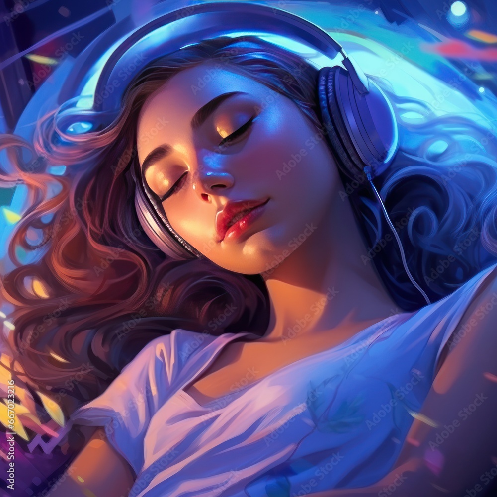 girl sleeping with headphones on, ambient chill music, music notes floating