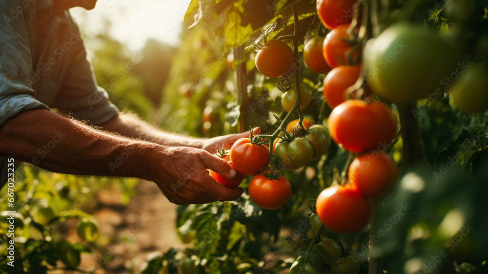 hand of a man's picking tomatoes in the morning hand of a man's picking tomatoes in the morning