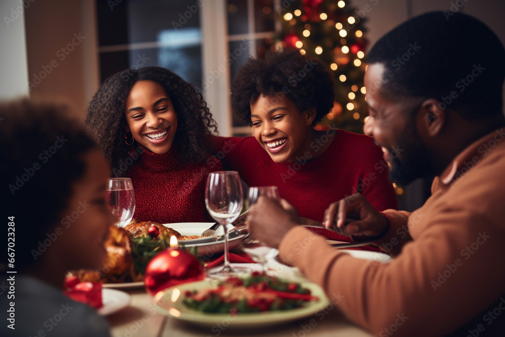 Happy famili eating together festive Christmas dinner at home. Generative AI