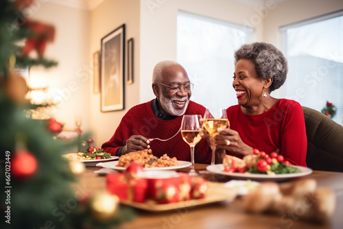 Elderly senior couple celebrating Christams Eve by eating together at home. Generative AI