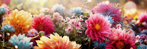 Foto Beautiful floral garden banner with dahlias and cosmos flowers  at sunset backlit
