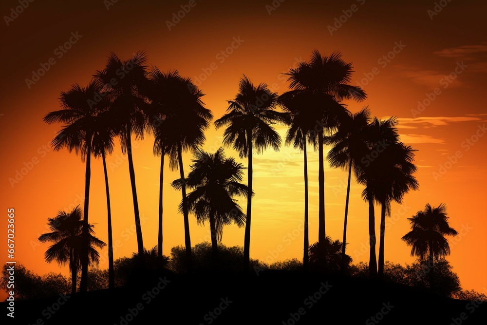Artistic illustration of palm trees in silhouette. Generative AI