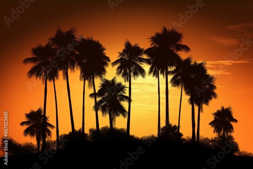 Artistic illustration of palm trees in silhouette. Generative AI