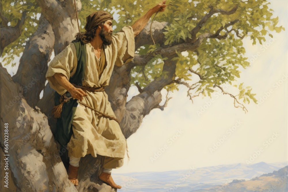 Zacchaeus climbing a tree to see Jesus biblical story Stock Photo