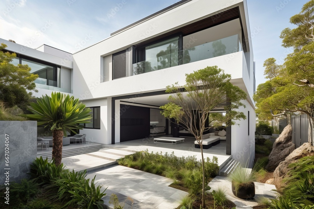 Contemporary residence showcasing a garden, luxurious exterior, and stylish wallpaper. Generative AI