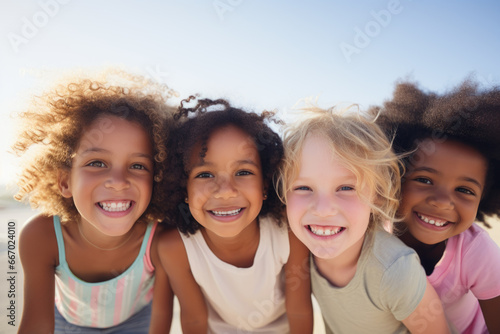 Group of cheerful happy multiethnic children outdoors © Jasmina