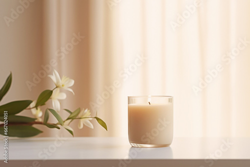 Close-up of an elegant table setting with flowers  candle  and curtain.