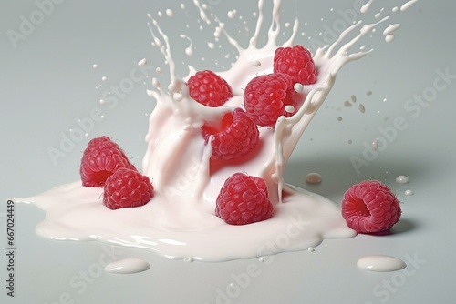 image of flowing raspberries in milk on a grey background. Generative AI