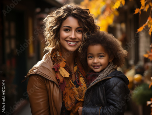 Una mujer y su hija, adoptada, en el umbral de la puerta de su casa en otoño - a woman and her child, adopted,  at the door house in autumn  

