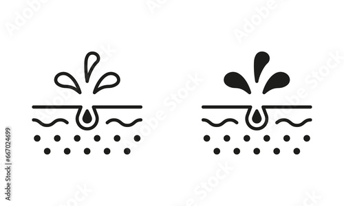 Unclog the Skin Face of Dirty Blackhead and Dust Line and Silhouette Black Icon Set. Cleansing Clogged Deep Pore Symbol Collection. Facial Skin Care Pictogram. Isolated Vector Illustration