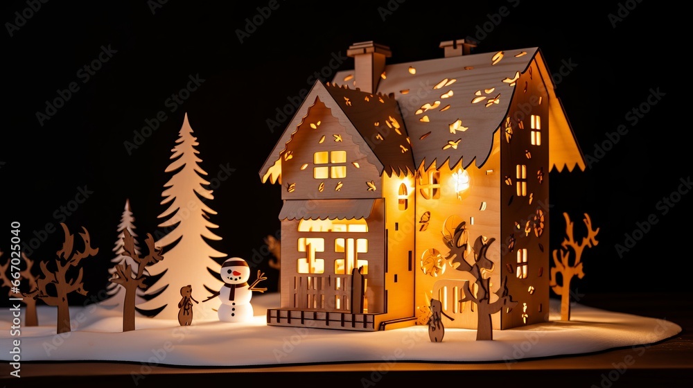 winter wonderland: glowing wooden house with snowman and Christmas tree in snowy landscape