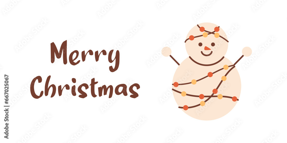 Obraz premium Vector Merry Christmas banner with cute smiling snowman. Christmas funny snowman character with garland on white background. Illustration for Christmas and New Year design.