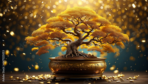 Golden bonsai tree featuring gold leaves, representing prosperity and wealth