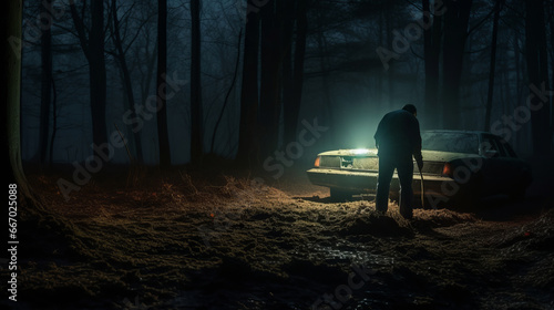 Man digging a grave with pickaxe, car with headlight on, at night in the forest photo