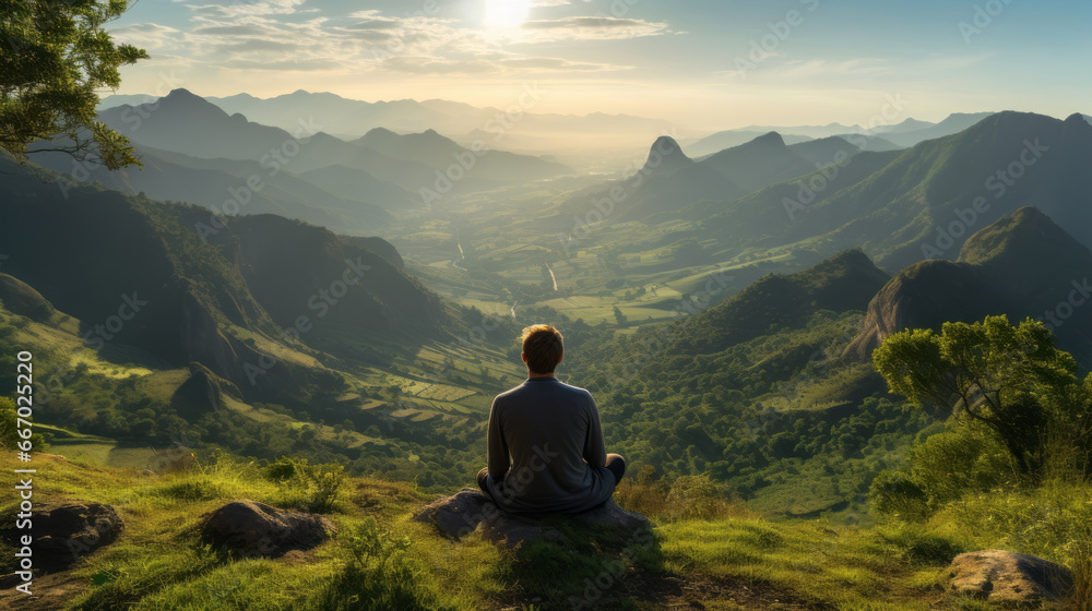 Man sitting on a hill looking at view of the majestic landscape at daytime, amazing sunlight