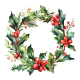 Watercolor Christmas wreath with holly, leaves and berries isolated on transparent background. Clip art for design, greeting card, invitation, postcard, frame or template