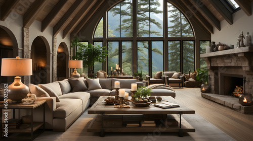 Traditional home interior design of modern living room with vaulted ceiling